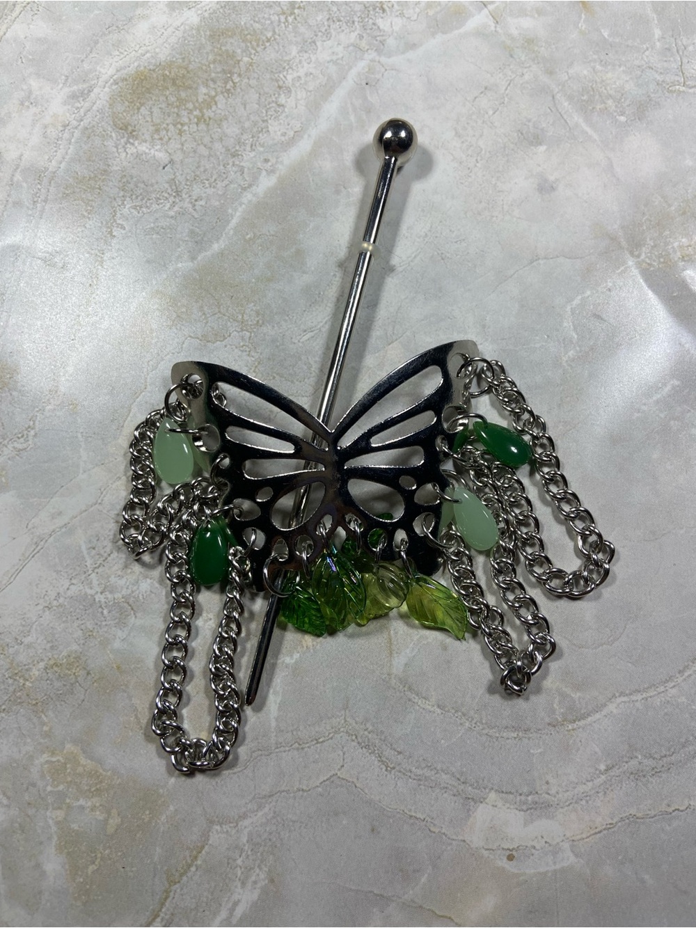 Hand Crafted Silver Butterfly Hair Stick with Green Beads